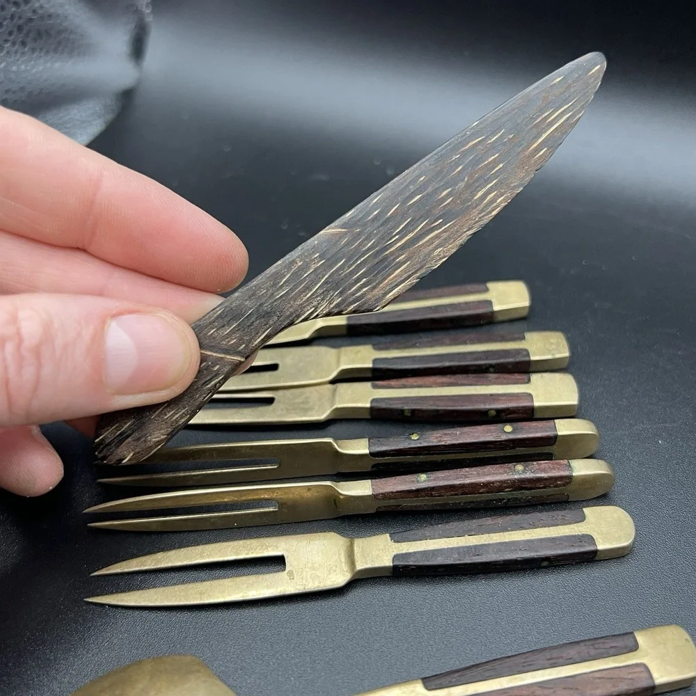 VTG Brass & Wood Demitasse Forks Knives & Spoon -‎ Lot of 10 - Thailand - Unique